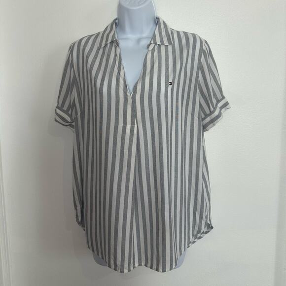 TOMMY HILFIGER 1/4 Open Blouse, Striped, Size Medium, High-Low, Collared - Picture 2 of 10